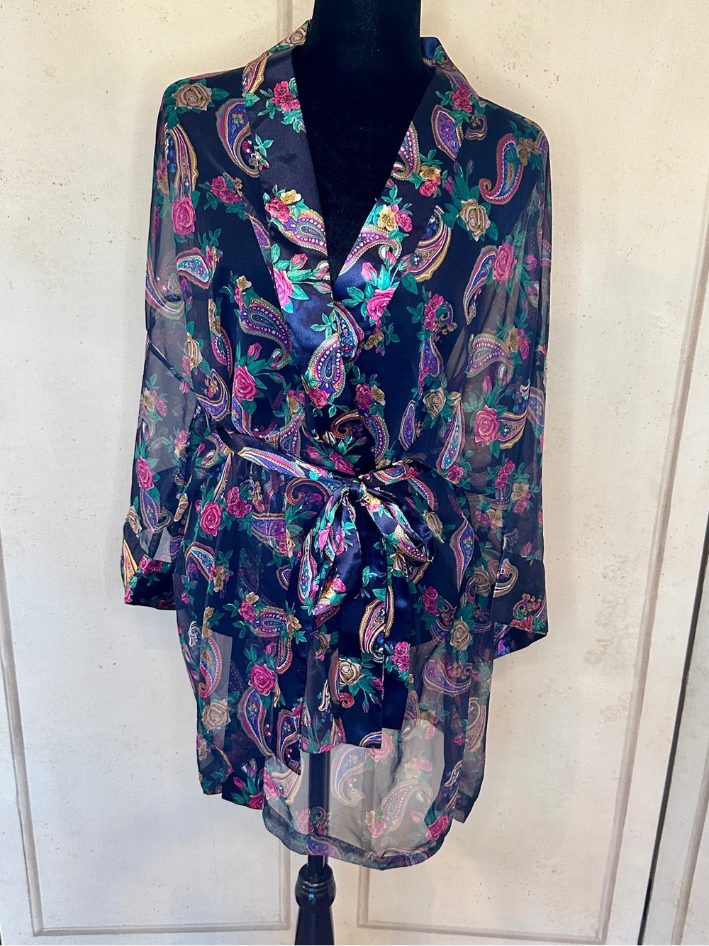 Glam Victorias Secret VS Gold label Sheer Navy Paisley Floral Kimono Robe O/S